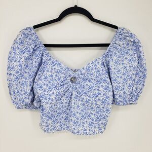 Sim & Sam Floral Puff Sleeve Smocked Cropped Top Cottagecore Blue White Size S